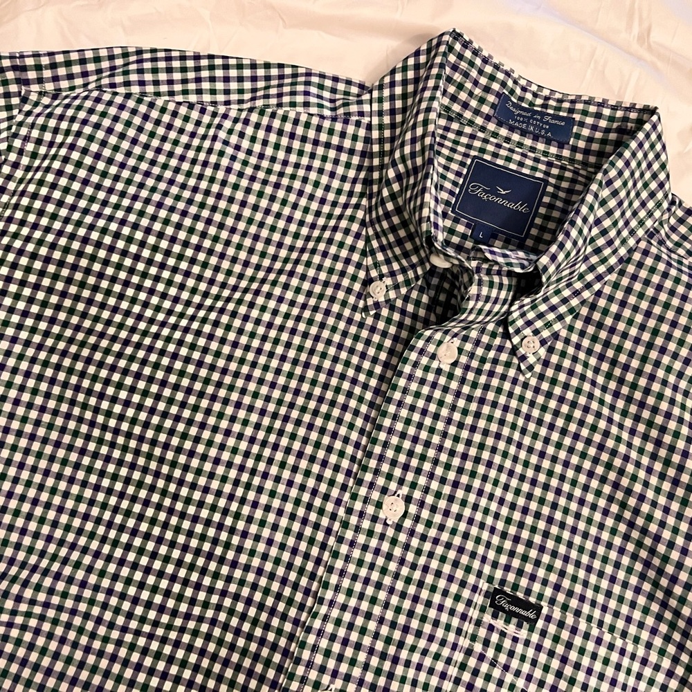 Facconable Men’s Large Purple Green Checkered Casual Short Sleeve Button Down